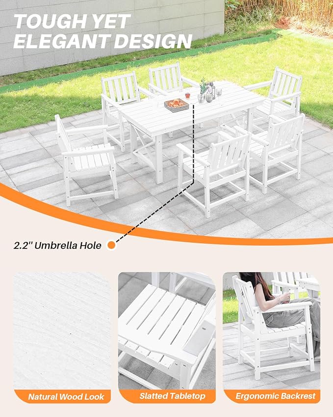 7 Pieces HDPE Outdoor Dining Set, Patio Dining Set with Umbrella Hole, All Weather Outdoor Dining Table Sets for 6, HDPE Patio Furniture Sets for Deck, Backyard, Lawn, and Poolside, Pearl