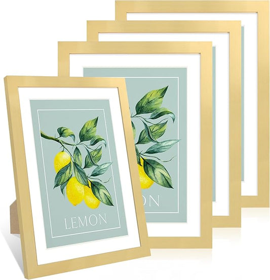 10x14 Picture Frame Set of 4, 10 x 14 Wood Photo Frames with Mat for 8x12 or 30x40cm Diamond Painting Art, Wooden Frame with Real Glass Cover for Wall and Tabletop Display,Gold