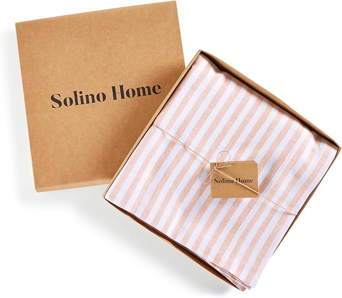 Solino Home Linen Striped Tablecloth 60 x 132 Inch - 100% Pure Linen Coral and White Table Cloth for Rectangle Tables - Amalfi Stripe, Machine Washable Tablecloth