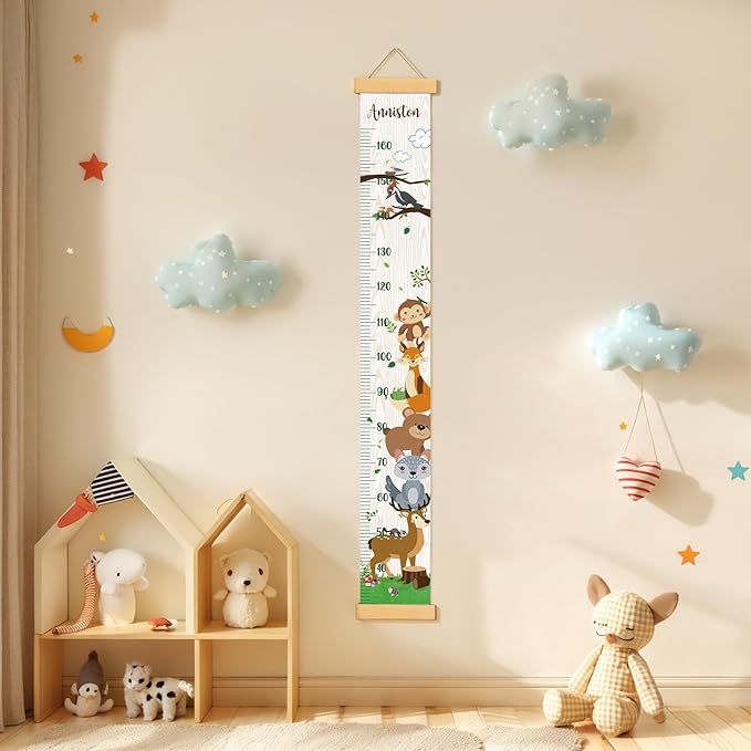 Personalized Name Growth Chart Wall Decor for Kids – Canvas Removable Height Chart Measuring Ruler 59" x 7.9" (Zoo)