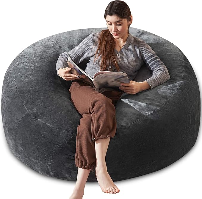 Bean Bag Chair 4Ft, Memory Foam Filled, Large Beanbag Chairs for Adults and Teens, Soft Sofa with Removable Flannel Cover, Round Couch for Living Room Bedroom College Dorm (Dark Gray, 4FT-47×47"×24")