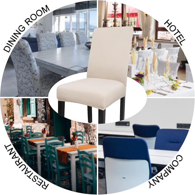 JQinHome 6 Pcs Dining Chair Slipcover,High Stretch Removable Washable Chair Seat Protector Cover for Home Party Hotel Wedding Ceremony (Beige White)