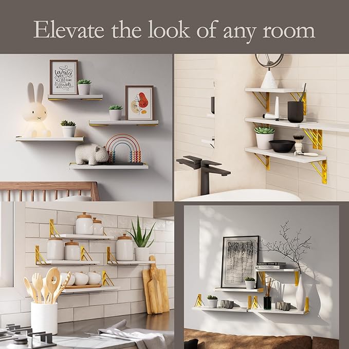 BAYKA Wall Shelves for Bedroom Decor, Floating Wall Shelves for Living Room Kitchen Storage, Wall Mounted Rustic Wood Shelves for Kids Books, Corner Shelf for Bathroom(White and Gold,Set of 4)