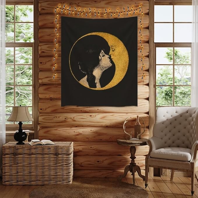 Dark Academia Woman Kissing Moon Art Tapestry Gothic Aesthetic Wall Hanging Witchy Picture Print Moon Goddess Tapestries Wall Decor for Living Room Bedroom Dorm 70x90inch