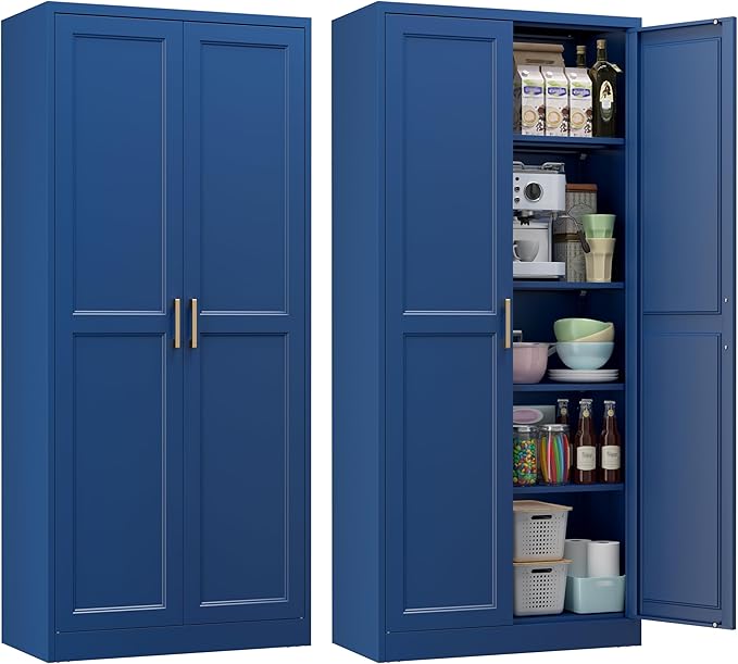 71" Metal Pantry Cabinet, Tall Kitchen Pantry Storage Cabinet with 4 Adjustable Shelves and Gold Handles, Blue Cupboard for Kitchen, Dining Room, Living Room