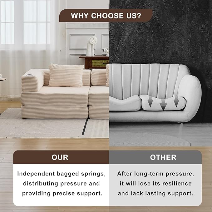 78" W Loveseat Sofa, 4 in 1 Convertible Floor Sofa Bed, Boneless Cloud Couch with Cup Holder, Fold Out Floor Couch, Loveseat Recliner Sleeper for Living Room Bedroom Lounge(Corduroy, White)