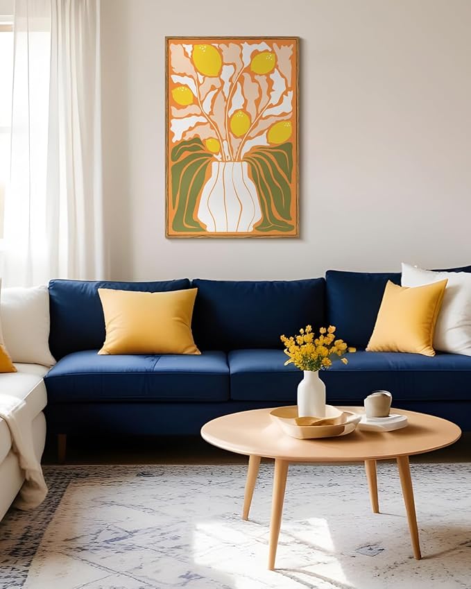 VIYYIEA Framed Canvas Wall Art, Large Flowers Wall Art for Living Room, Abstract Boho Print Paintings, Illustration Home Office Decor, Bedroom Wall Decor -【Lemon Flourish】-(24"x36")