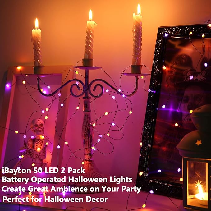 iBaycon 2 Pack 50 LED Battery Halloween Lights, 16.4ft Battery Operated Halloween Lights, Orange Purple Waterproof Twinkle Fairy Lights with 8 Modes & Timer for Indoor Outdoor Halloween Decorations