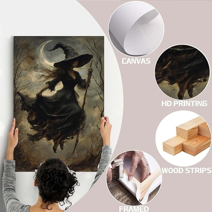 Witch in the Forest Halloween Print Wall Art Poster Witch Decor Vintage Print Dark College Wall Art Victorian Gothic Room Decor Canvas Wall Print12x16in Wood Framed