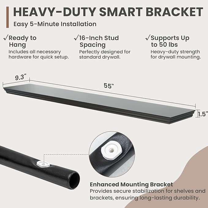 Floating Shelves for Wall, 55 Inch Long Wall Mounted Black Hanging Shelf for Kitchen, Living Room, Office, Bedroom, Bathroom, Retro Vintage Wood Bookshelf for House Decor