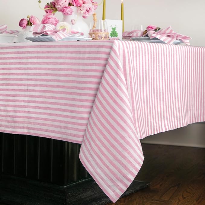 Solino Home Linen Striped Tablecloth 60 x 132 Inch - 100% Pure Linen Cherry Blossom and White Table Cloth for Rectangle Tables - Amalfi Stripe, Machine Washable Tablecloth