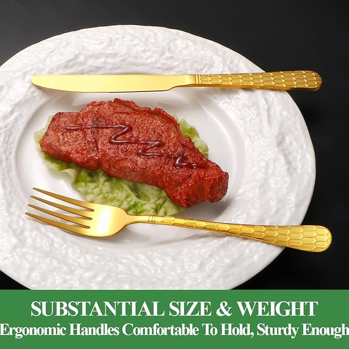 20 Pcs Gold Silverware Set for 4 with Water Cube Handle design, Food Grade Stainless Steel Flatware Set, Eating Utensils Sets Include Fork/Knife/Spoon, Reusable Cutlery Set, Dishwasher Safe