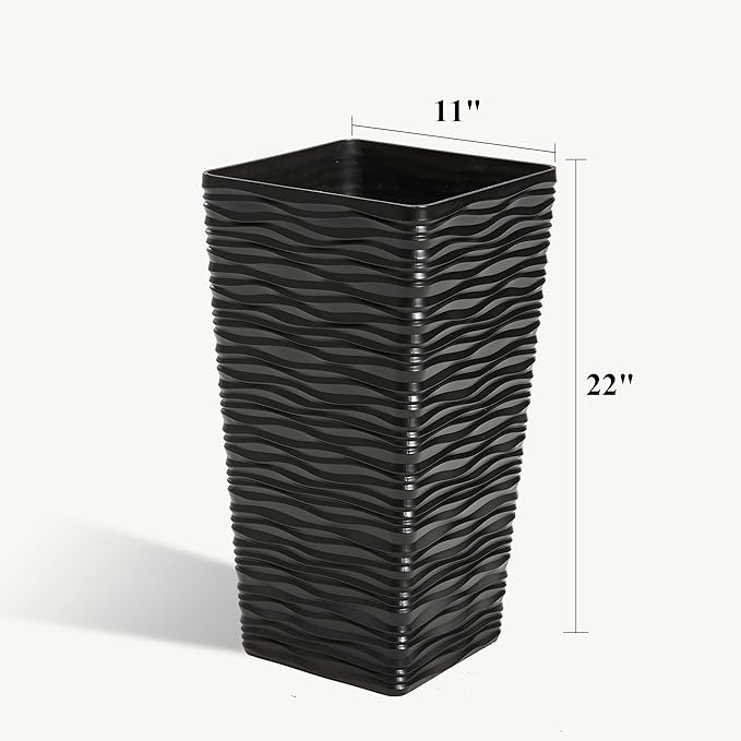 Worth Garden 2-Pack Black Tall Planter - Plastic Square Tapered Tree Plant Pots for Indoor Outdoor - 22" H - Modern Wavy Finish Decorative Flower Pots for Front Porch Containers Patio Deck