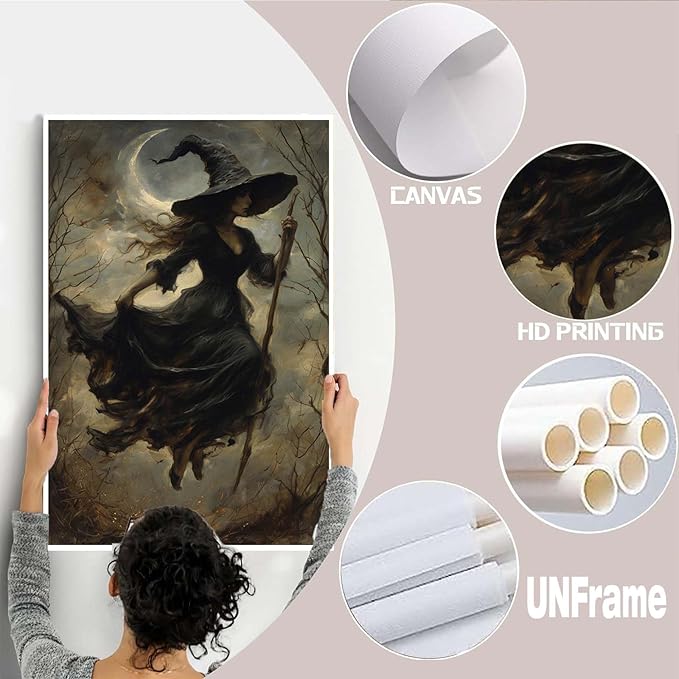 JFHCQJPK Witch in the Forest Halloween Print Wall Art Poster Witch Decor Vintage Print Dark College Wall Art Victorian Gothic Room Decor Canvas Wall Print12x16in Frameless