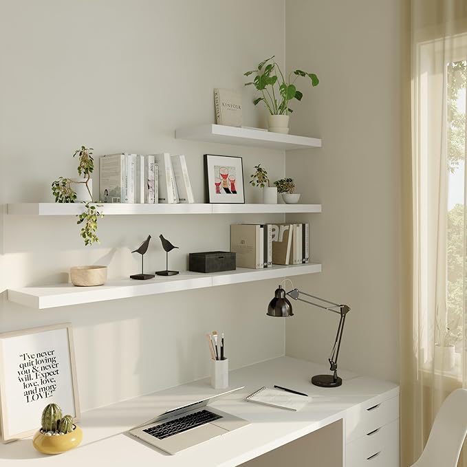 Large Floating Shelves for Wall Set of 1 Wooden Wall Shelves 24 in x 12.75 in x 2 in Room Decor Long Shelf with Invisible Wall Mount Bracket for Bedroom Kitchen Living Room White