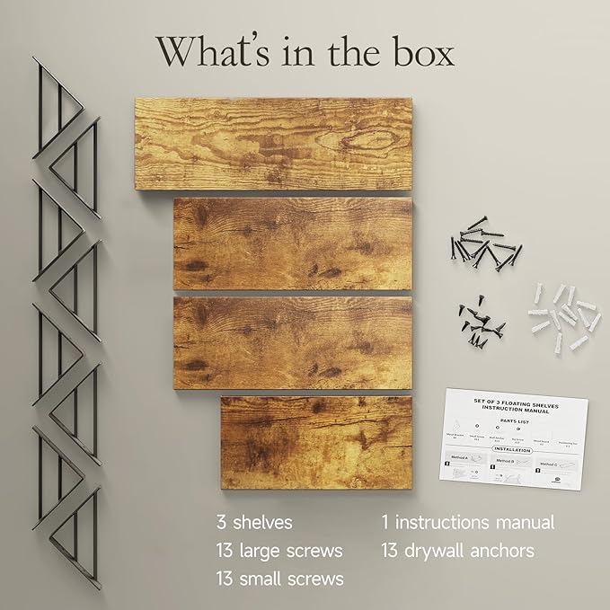 BAYKA Wall Shelves for Bedroom Decor, Floating Wall Shelves for Living Room Kitchen Storage, Wall Mounted Rustic Wood Floating Shelves for Kids Books, Corner Shelf for Bathroom(Rustic Brown,Set of 4)