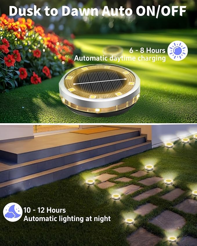 Solar Ground Lights Outdoor 18 Pack Waterproof, Upgraded Solar Garden Lights with 4 Side Light, Stainless Steel Solar Powered Disc Landscape Light for Walkway Lawn Yard Patio Deck-Warm White