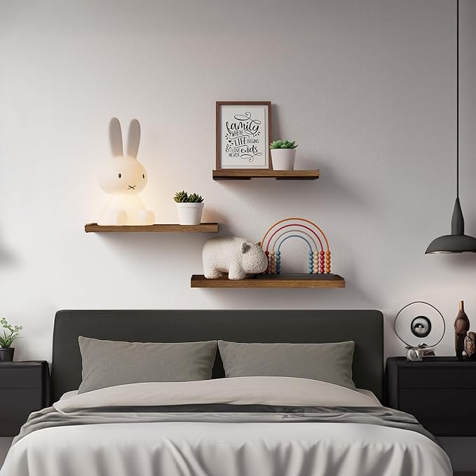 BAYKA Floating Shelves for Wall, Book Shelf for Bedroom, Wall Decor Shelves for Living Room Kitchen, Mounted Wood Floating Shelf for Home Decor, Corner Shelf for Bathroom, Office(Set of 3)