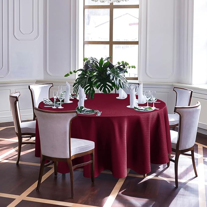 Biscaynebay Textured Fabric Round Christmas Table Cloths 108", Burgundy Water Resistant Washable Folding Table Covers for Dining, Kitchen, Wedding, Parties Machine Washable