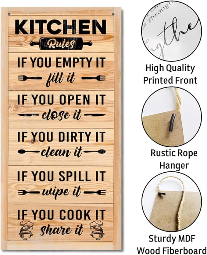 Hanging Kitchen Rules Wooden Sign, Rustic Kitchen Decor, Printed Wall Art, Funny Farmhouse Wall Decor