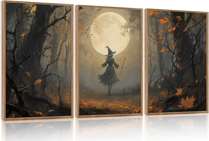 Aurlan Moonlight Witch in The Maple Forest Framed Wall Art(16"x24"), 3PCS Vintage Magical Witchy Gothic Halloween Canvas Artwork, Dark Academia Mystical Midnight Landscape Decor for Home Office Bedroom