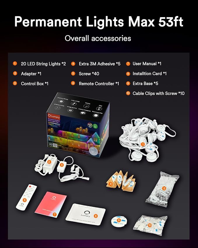 Lumary Permanent Outdoor Lights Max 53ft with 40 LED Eave Lights RGBAICW 2400LM, IP67 Waterproof, IC Control and Scene Modes for Halloween Christmas Decoration, Works with Alexa and Google Assistant