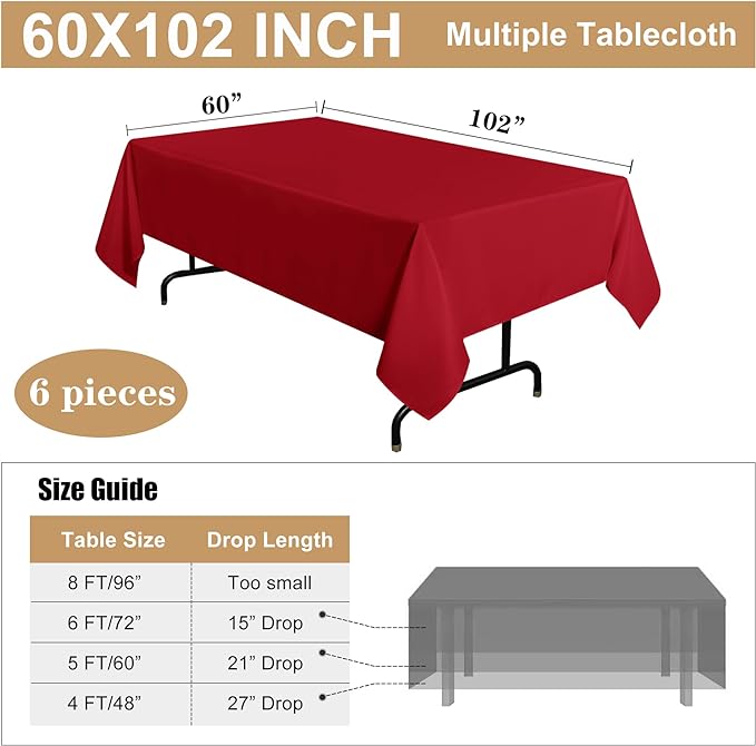 sancua 6 Pack Red Tablecloth 60 x 102 Inch, Rectangle Table Cloth for 6 Feet Tables - Stain and Wrinkle Resistant Washable Polyester Table Cover for Dining Tables, Buffet Parties and Camping