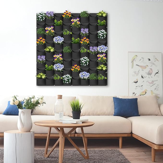 64 Pockets Hanging Planter Bags, Hanging Vertical Wall Mounted Plant Planting Grow Bags, Herb Garden Planter Outdoor Indoor Growing Bag, Gardening Vertical Greening Flower Container(1m×1m, Black)