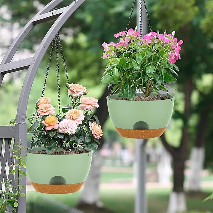 12 Inch Hanging Baskets 2 PC with Chains, Self-Watering Hanging Planters for Indoor Outdoor Plants, Plastic Hanging Flower Pots,Green Brown