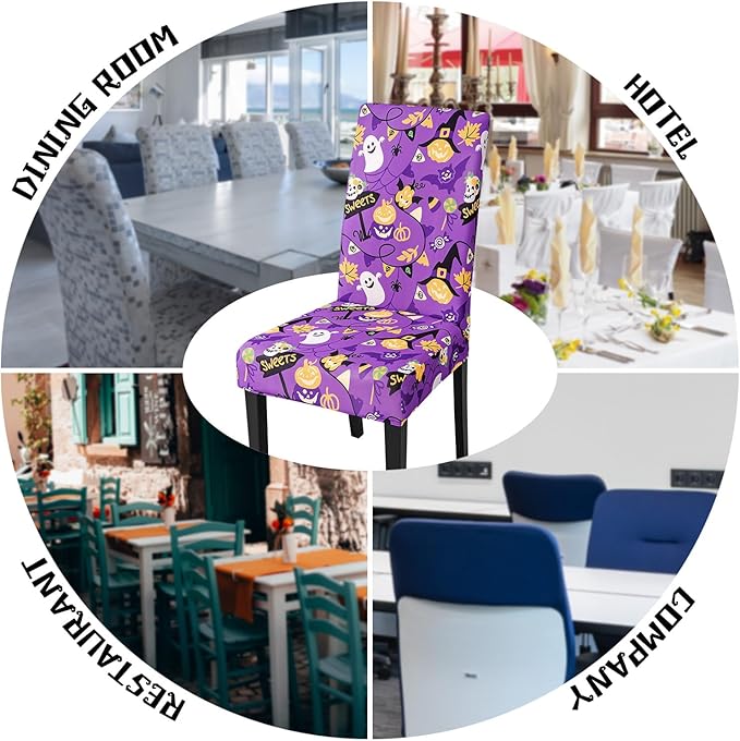 JQinHome Purple Halloween Chair Slipcover, Spider Web Chair Covers Set of 6, High Stretch Washable Chair Protector Cover for Dining Room, Kitchen,Home Party,Wedding Ceremony(Purple Candy,6PC)