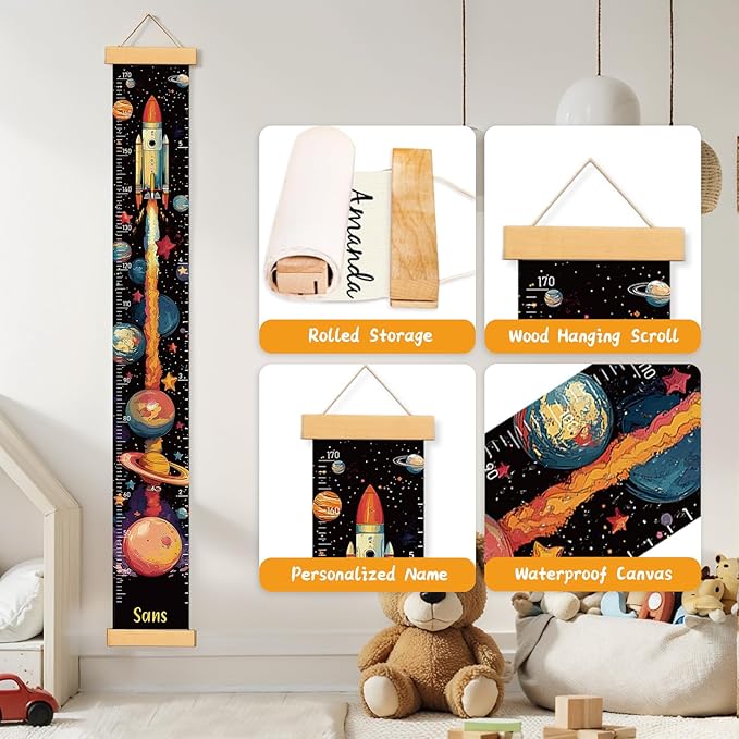 Personalized Name Growth Chart Wall Decor for Kids – Canvas Removable Height Chart Measuring Ruler 59" x 7.9" (Rocket)
