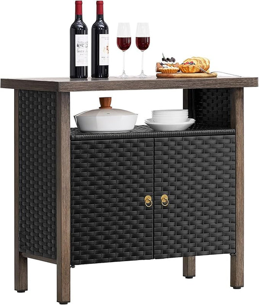 Outdoor Storage Cabinet, Woven Rattan Bar Table with 2 Doors, Slatted-Top, Wicker Console Table for Patio, Garden, Backyard, Kitchen - Black