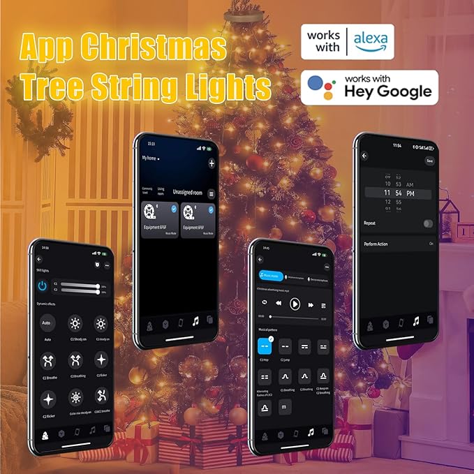 Smart Christmas Tree Lights with Ring, APP Control Music Sync 6.56Ft x 16 Lines String 400 LED Indoor Outdoor with DIY scenarios 17 Modes Multicolor Timing for Christmas Tree Decorations