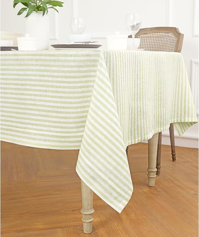 Solino Home Linen Striped Tablecloth 60 x 108 Inch - 100% Pure Linen Sage and White Table Cloth for Rectangle Tables - Amalfi Stripe, Machine Washable Tablecloth for Fall, Autumn, Thanksgiving