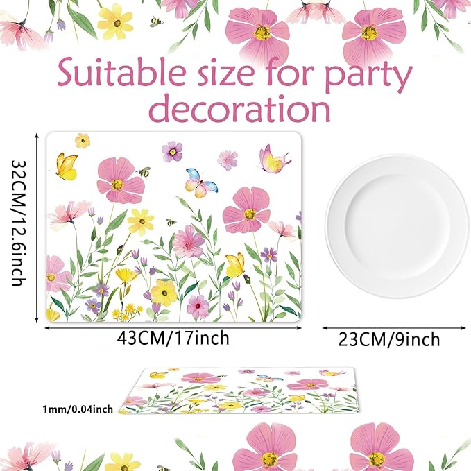 Spring Floral Butterfly Placemats Set of 6 Flower Summer Plastic Table Mats Wildflower Place Mats Washable Vinyl Rustic Holiday Table Decoration for Indoor Outdoor Party Kitchen Dining