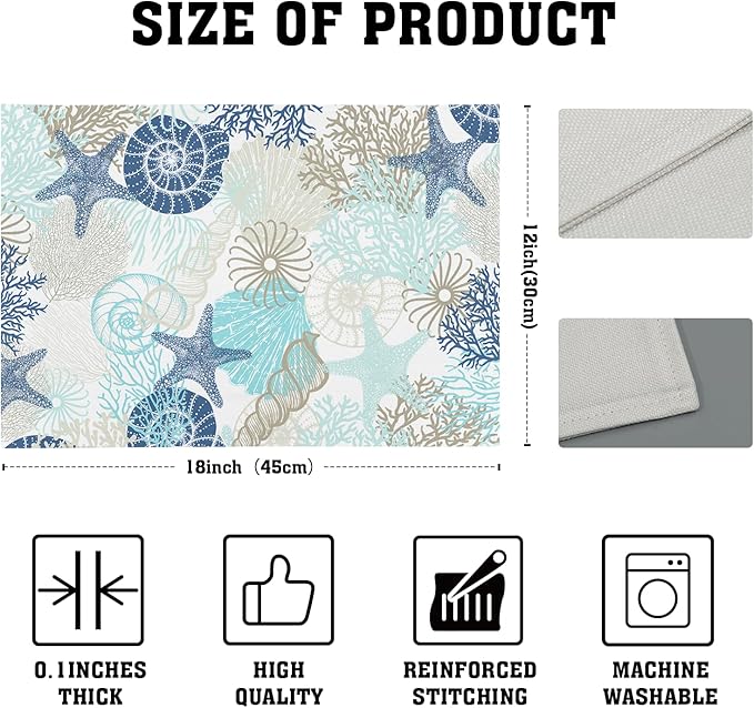 Summer Ocean Placemats Set of 4 Nautical Coastal Blue Starfish Seashell Coral Washable Non-Slip Heat Resistant Place Mats 12x18 Inch Beach Theme Linen Table Mats for Home Kitchen Dining Party Decor