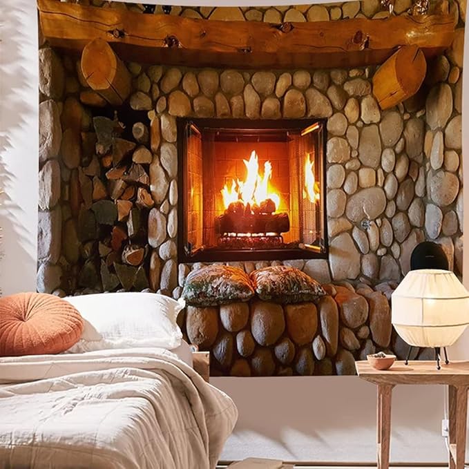 Firplace Tapestry Art Retro Stove Print Tapestry Art Wall Hanging Tapestry Room Bedspread Decor Christmas Fireplace (Firplace, 70.00" x 90.00")