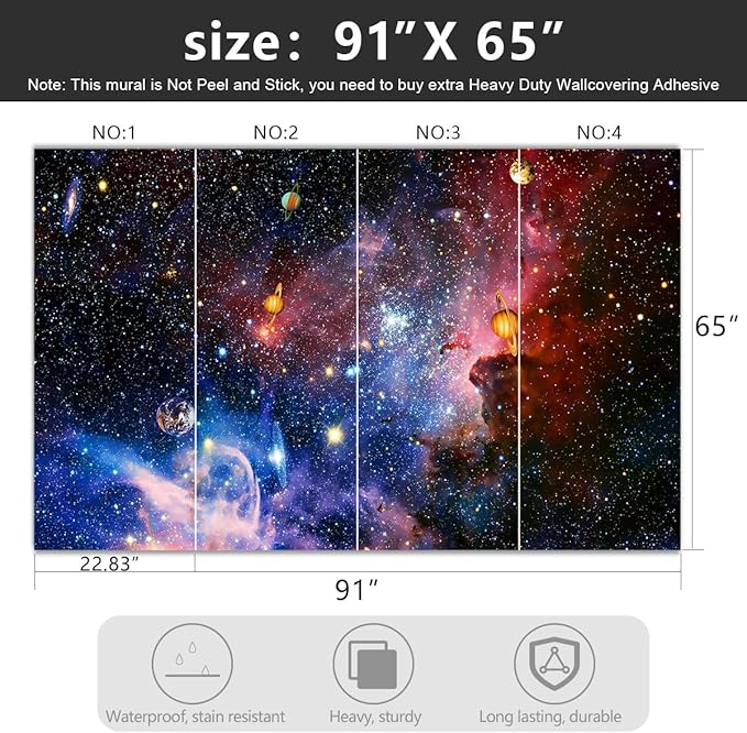 '-Galaxy Universe Planet Ceiling Fabric Wallpaper Boys Girls Nursery Starry Sky Children Bedroom Bathroom Large Mural- 91"x65"( not Peel and Stick)