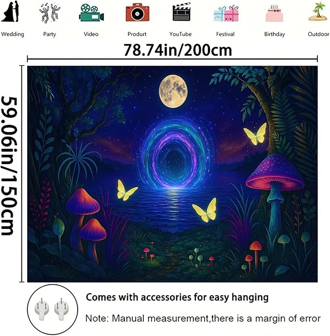Starlit Patio Glowing Mushrooms Blacklight Tapestry UV Reactive Wall Hanging Psychedelic Portal Butterflies Moonlit Lake for Bedroom Dorm Living Room Fantasy Nature Decor Fluorescent Trippy Poster 78 x 59 Inch