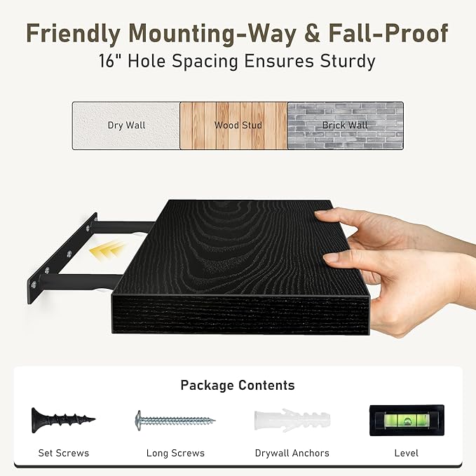 Fun Memories 32 Inch Floating Shelves Wall Shelf Set of 3, Black Bathroom Shelves 32 Inch, Farmhouse Home Decor Living Room, Kitchen Black Shelves for Wall, 32 x 6.7 x 1.4 Inch