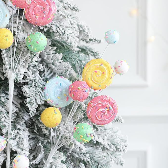 2Pcs Christmas Tree Picks Branch Decorations Macaron Topper Ornaments Candy Spray Picks Twigs Stems for Xmas Wreath Decoration New Year Party
