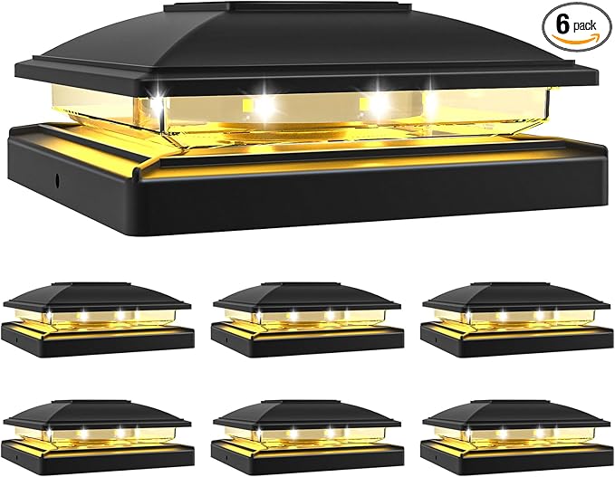 VOLISUN Solar Post Cap Light Outdoor,Solar Fence - Post Lights Waterproof for 4x4/5x5/6x6 Wooden/Vinyl,Black Deck Cap Light Solar Powered with Warm White for Garden/Patio/Porch 6pack