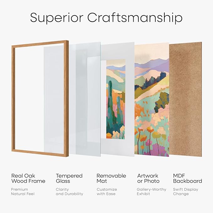 Homeforia 12x18 Picture Frame Wood, High End Natural Oak 12x18 Light Wooden Poster Frame with Mat 8.5x11, 12 x 18 Frames Matted to 8.5 by 11 Photo, 18x12 Thin Frame, Tempered Glass, Wall Kit, Set of 1