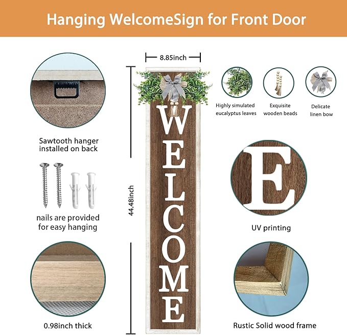 Surfapans Welcome Sign for Front porch Standing 45"X9"Large Wood Frame Outdoor Tall Welcome Signs Vertical Decor for Farmhouse Rustic Home Modern Outside Front Door Wall Decorations (White Wood)
