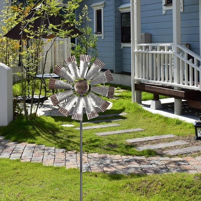 Wind Spinners Outdoor,Metal Vintage Style Single Sided Silver Windmill Kinetic Wind Spinner for Outdoor Garden Patio Yard Decor,Diameter 13 Inches