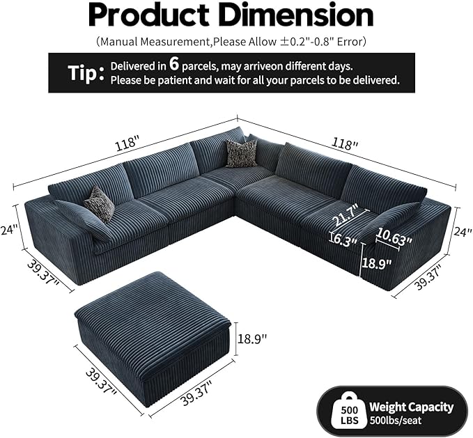 118" Cloud Couch Oversized Modular Sectional Sofa for Living Room,Modern Sofa with Deep Seat,6 Seater Boneless Couch,Comfy Upholstered Corduroy Couches for Apartment, Studio, Office,Bedroom,Blue