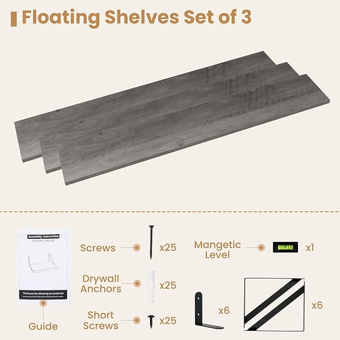 Heimlove 48 Inch Large Floating Bookshelves Set of 3,Wall Mounted Bookshelves,Heavy Duty Bracket Shelves for Living Room,Bedroom,Kitchen,Laundry Room Storage & Decor,Rustic Silver Grey