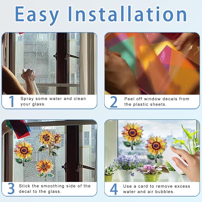 12pcs Window Decals for Bird Strikes, Anti Collision Window Clings, Rainbow Reflection Window Sticker, Sunflower Style Sun Catcher Stickers for Glass Windows