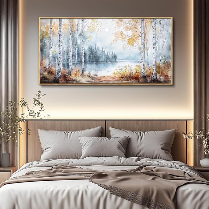 PHAOHUAXM Large Canvas Wall Art For Living Room Wall Decor For Bedroom Office Decorations Trees Forest Landscape Painting Lake view Wall Pictures Modern Room Home Decor Artwork Wood Framed 24x48 In
