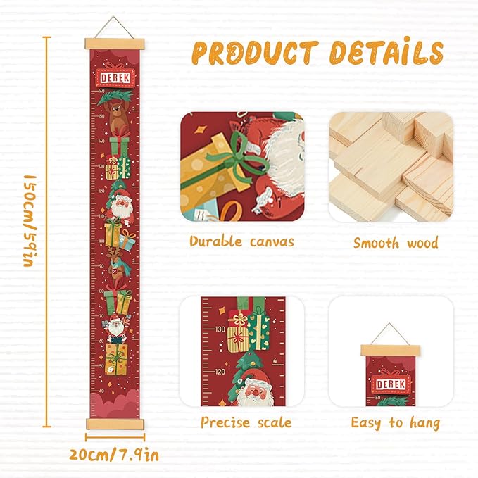 Personalized Name Growth Chart Wall Decor for Kids – Canvas Removable Height Chart Measuring Ruler 59" x 7.9" (Santa Claus Gifts)